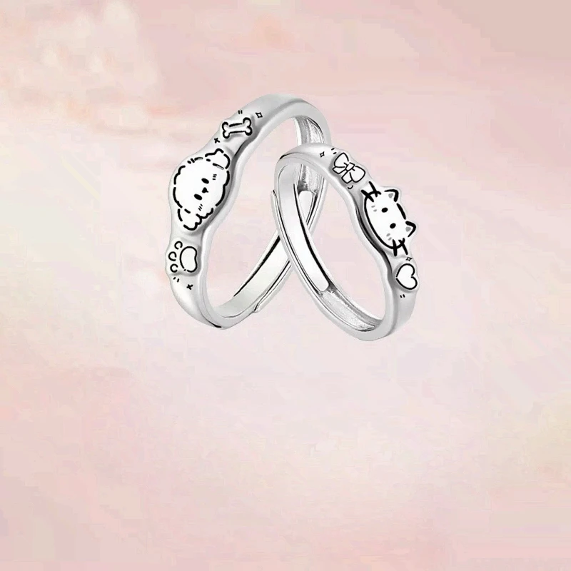 1 Pair Graffiti Cat Puppy Couple Rings Cute Fun Light Luxury Creative Cartoon Matching Rings Open Band for Couples Daily Wear
