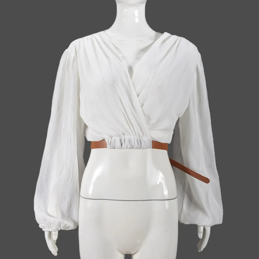Women Blouse Fall Winter Fashion Deep V Neck Long Sleeve Crop Tops Elegant Lady Fold Belt Adjustable Waistband Blouses Shirts