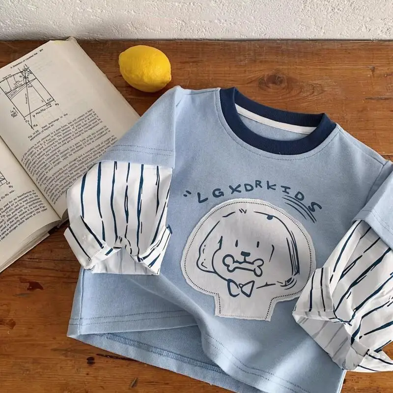 Children's Clothing Boys' And Girls' Tops Cartoon Dog Layered Striped Sweatshirt For Kids Spring Casual Loose Fit Long Sleeve
