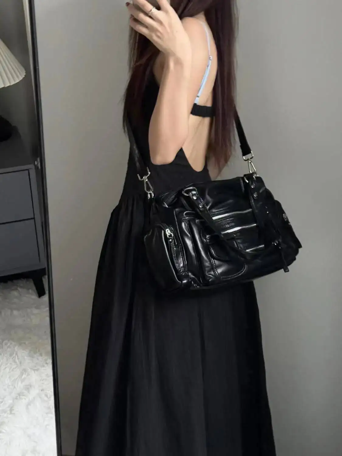 Bloom Vintage Black Shoulder Purse Women High Street Pocket Chic Y2k Handbag Female Haruku Casual Crossbody Bags 2025
