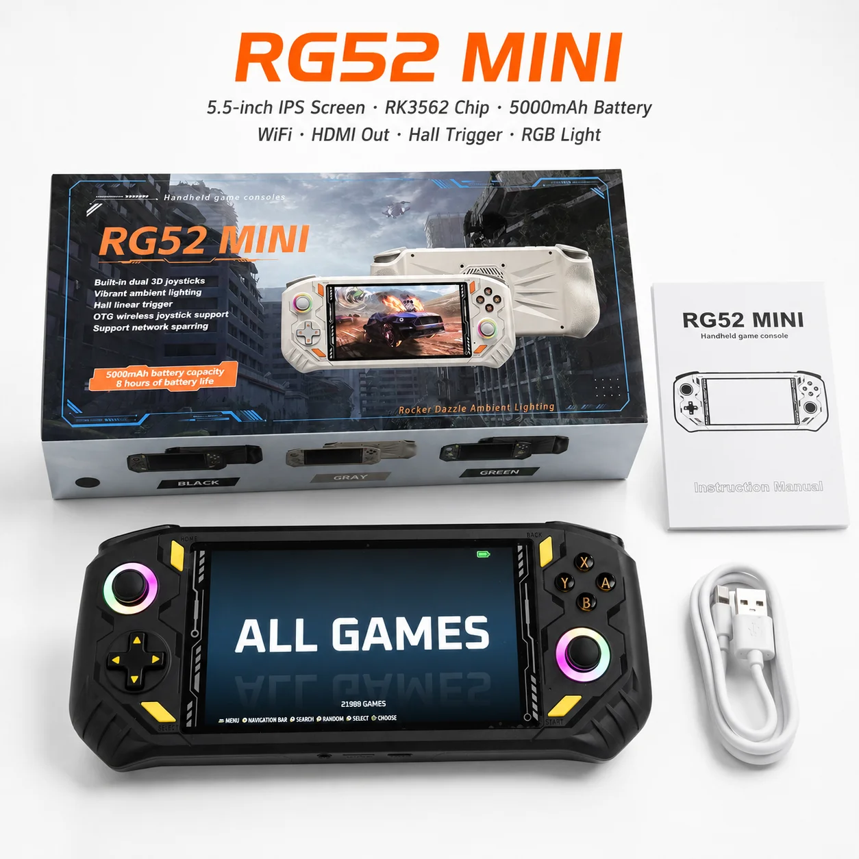 Hall Linear Trigger RG52 MINI Retro Handheld Game Player Dual Vibration Motor RGB Light Joystick 2GB DDR Max 1TB TF Expand EE4.7