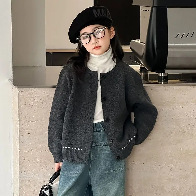 

2025 Autumn Winter New Girl's Gray Knit Cardigan Kids Sweater Coat Korean Style Autumn Winter Jacket Top for Children