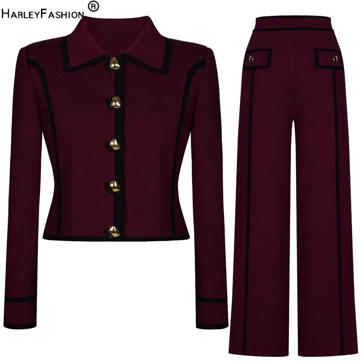 

Lady Quality Colorblock Office Casual Suit Turn-down Collar Long Sleeve Single-breasted Cardigan Pants Women Knit 2pcs