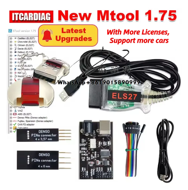 

V1.75 MTool Full Set Mtool Stool K-M Adjustment With Software License Dongle Denso Adapter Pin Wire Cable Car Diagnostic Tool