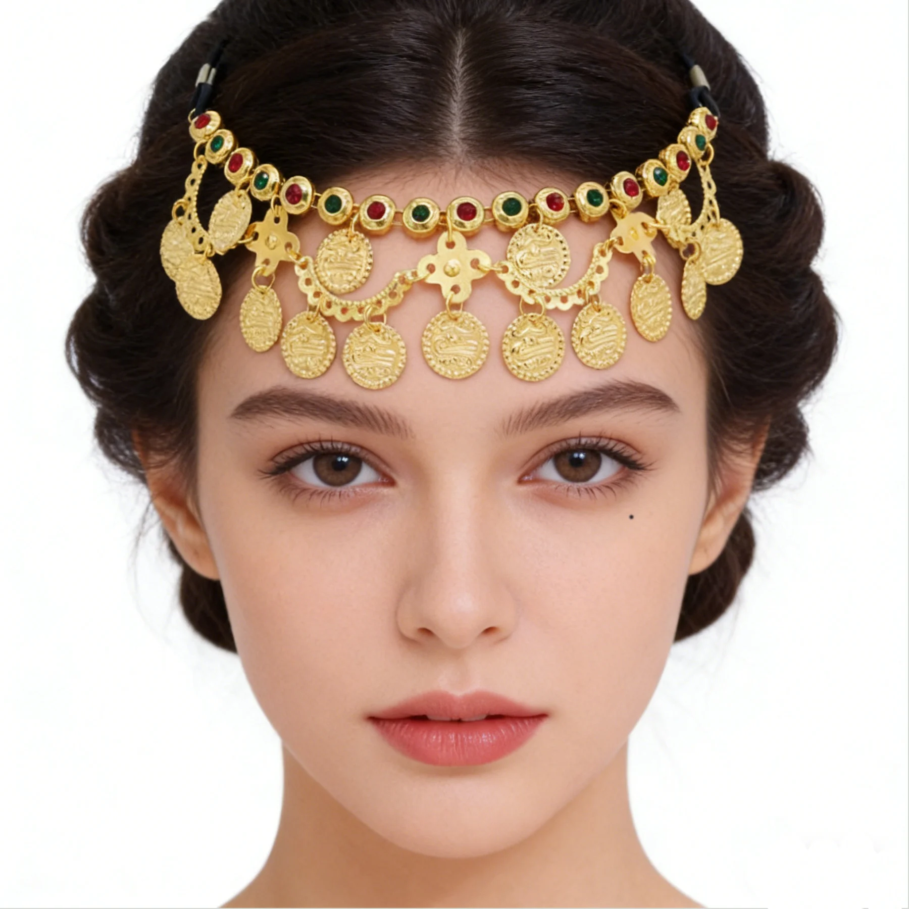 

New Trendy Ethnic Style Rhinestone Forehead Chain Gold Plated Coin Tassel Headband Alloy Elastic Rope Headband Hair Accessory