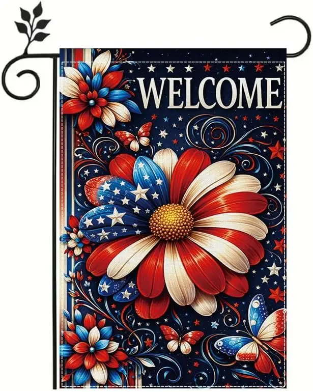 Patriotic Welcome Garden Flag Floral Outdoor Garden Flag Red White Blue Decorative Flag Double Sided Durable Polyester Weath PPZ