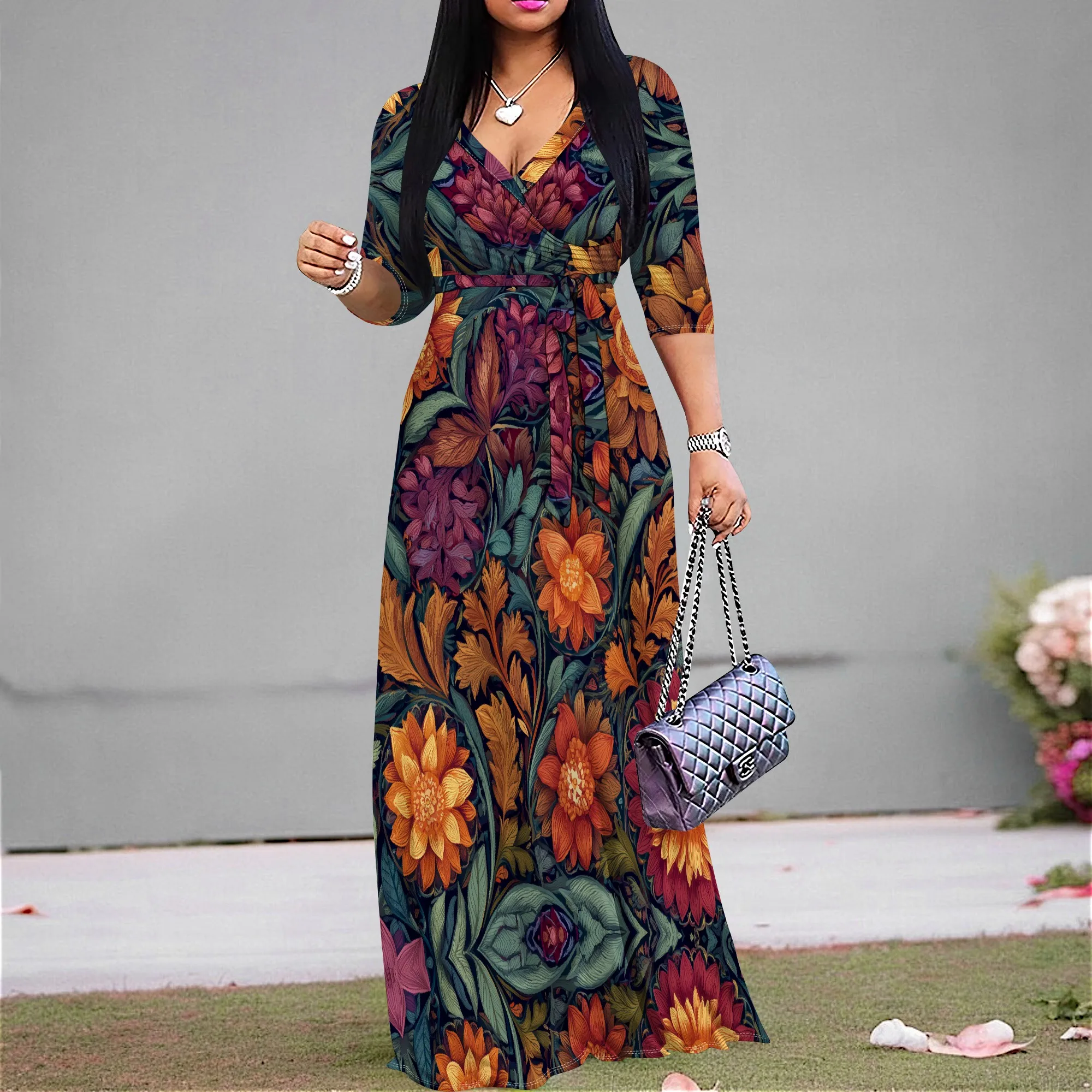 

Vintage Floral Print Maxi Dress S-3XL V-Neck Belted for Fall Picnic, Garden Party or Thanksgiving Dinner Look