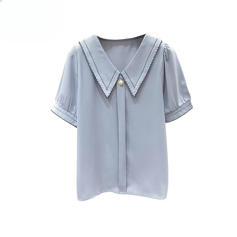 Fashion Women Clothing Summer Blouses and Shirts Female Beading Elelgant Sweet Top Ladies Elelgant White Short Sleeve Tops Q908