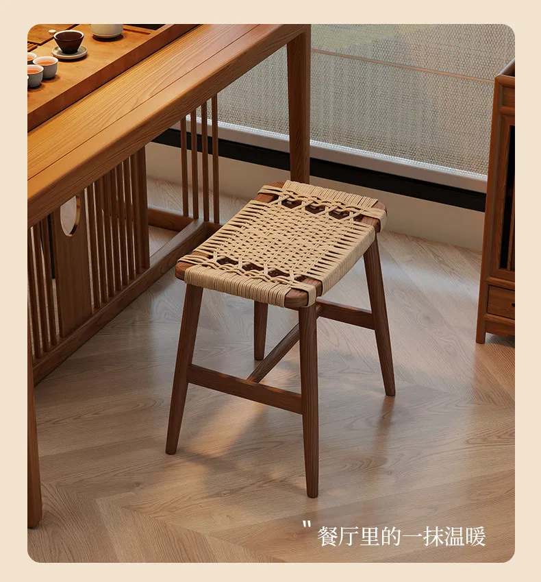 French Solid Wood Shoe Stool Woven Rattan Side Table Compact Dressing Table Ottoman Versatile Bedside Cabinet