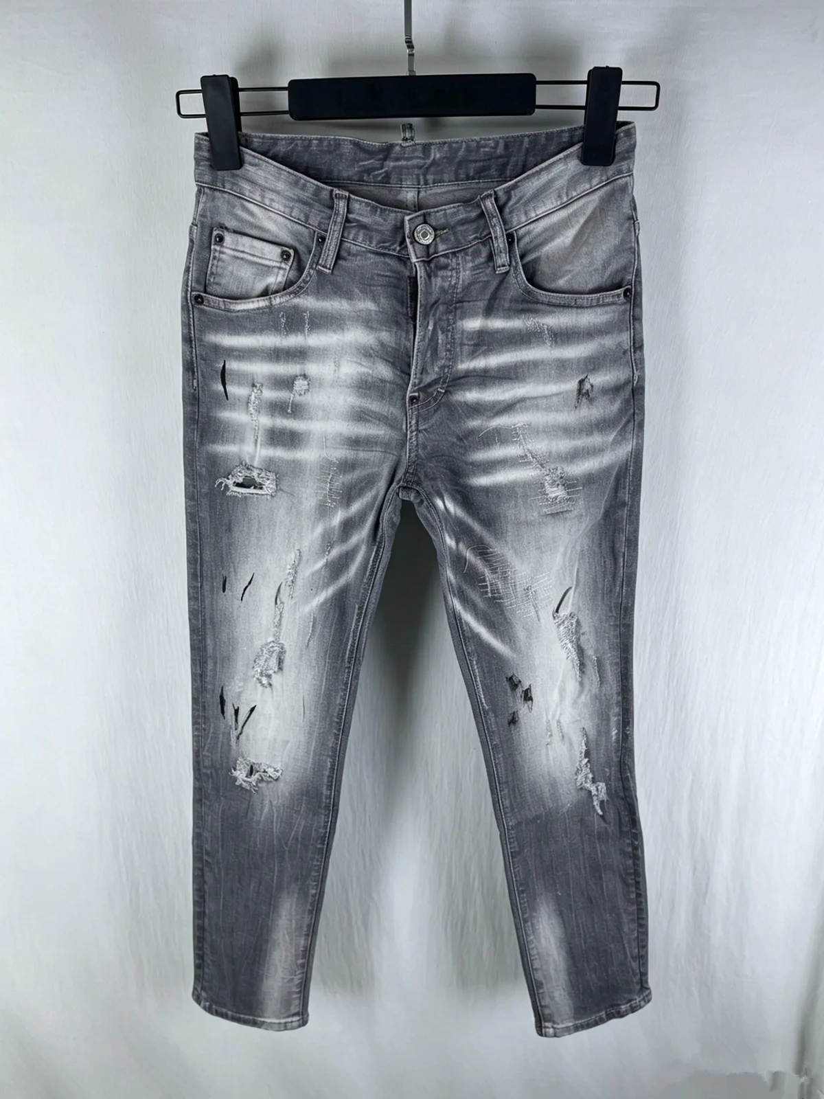 

6098 Four Seasons New Men's Wear Washed Patch Paint Slim-fit Micro-elastic Leg Grey Jeans for Men