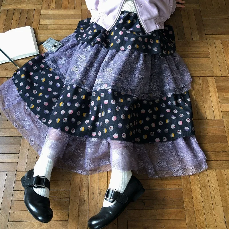Vintage Sweet Kawaii Purple Polka Dot Tiered Skirt Autumn Winter High Waist A-line Lace Ruffled Aesthetic Long Skirts for Women