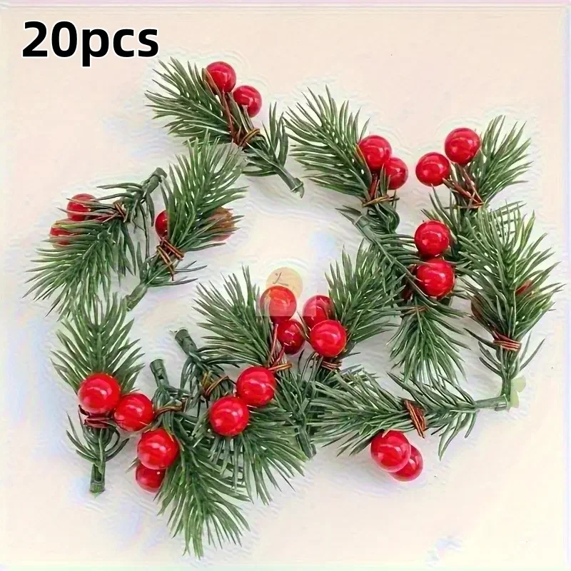 20 piezas de ramas de pino navideñas artificiales con bayas rojas realistas, flores de plástico para decoración navideña, accesorios para coronas de bricolaje.
