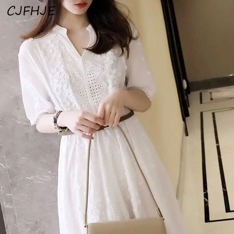 CJFHJE Summer Elegant Fashion White Embroidery Hollow Dress Ladies Short Sleeve Simple Waist A-line Dresses Sweet Cotton Robe