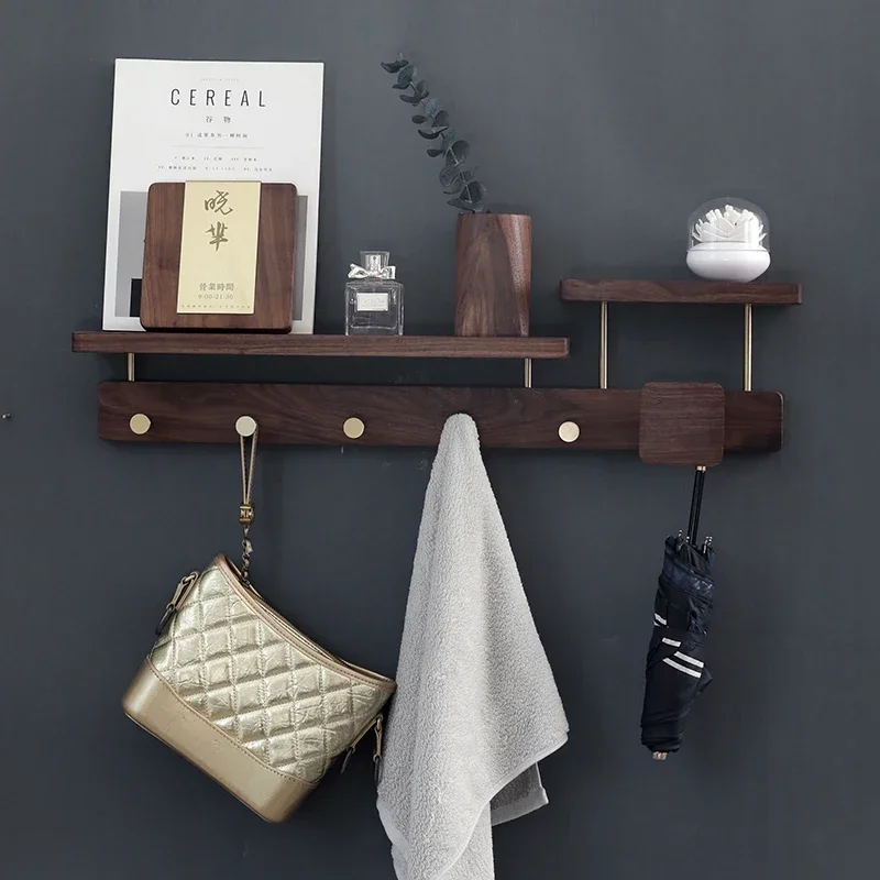 Porch Coat Rack with Pure Copper Hooks Walnut Solid Wood Sundry Storage Wall Hanging Bags Coats Hanger Key Hook