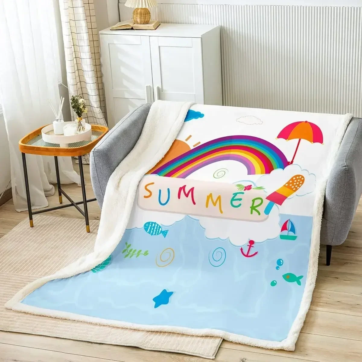 

3d Print Baby Blanket Summer Sea Babes Flannel Carpet Colorful Rainbow Sun Cloud Blankets for Children Anchor Fish Ship Ocean