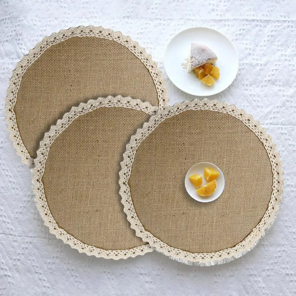 

Jute Table Placemats Rustic Lace-Trimmed Round Scallop Edge Hot Pads Natural Fiber Heat-Resistant Coasters 9.8' Dining Plate Mat