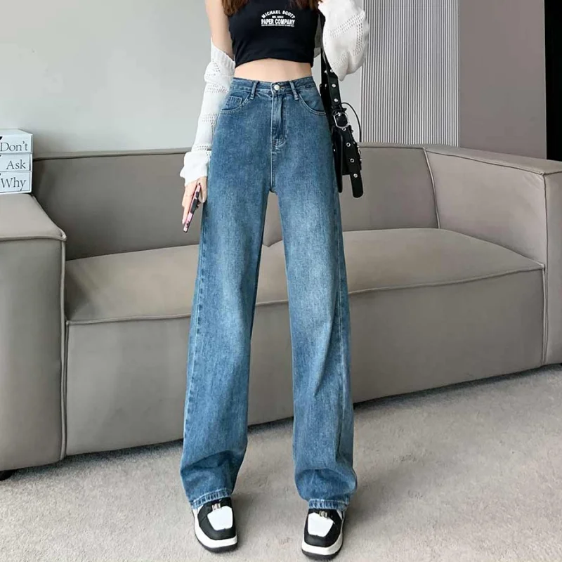 

Blue Plus Size Women's Jeans High Waist Straight Baggy Fashion Pants Streetwear Harajuku Vintage Female Wide Leg Denim Trouser