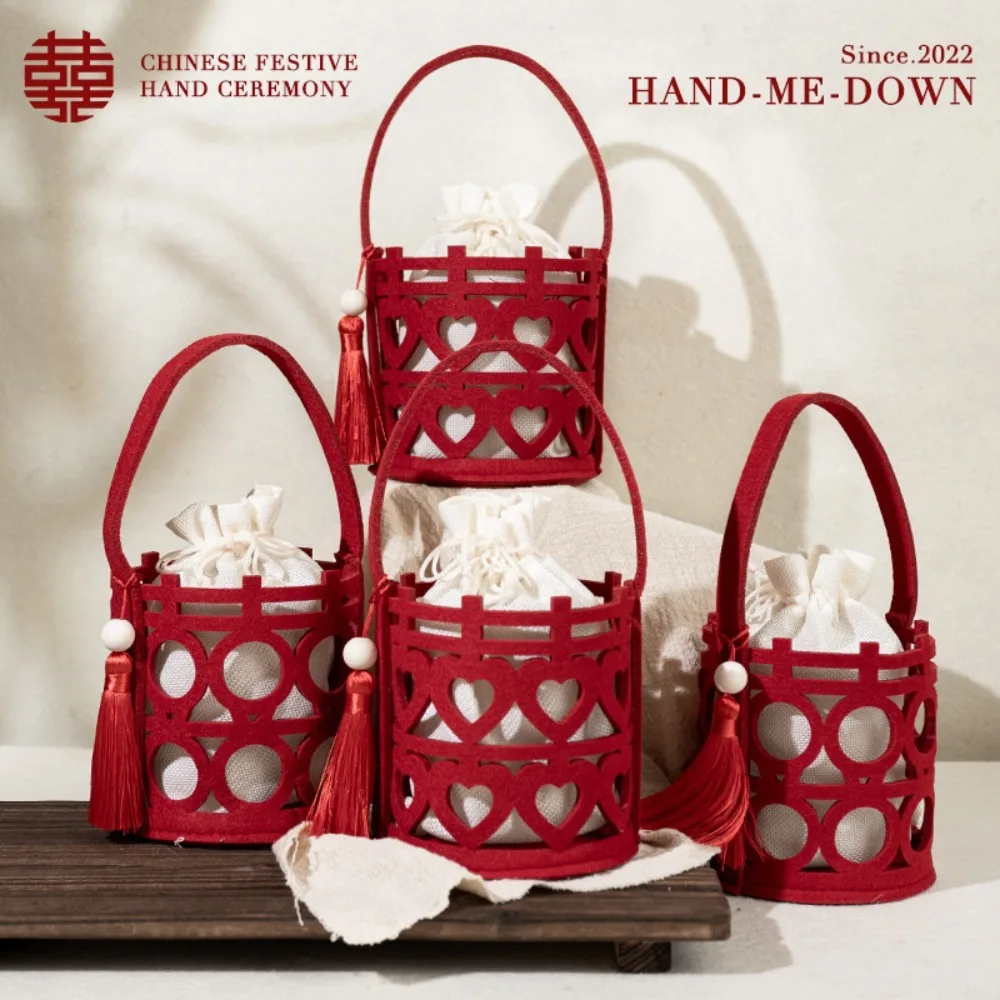 Practical Cloth Doorgift Bag Red Hollowed Out Handheld Gift Pouch Strong Gift Basket Bride Candy Bag