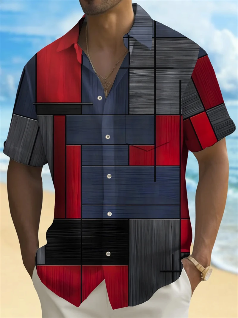 Men's Geometric Color Block Patchwork Shirt Button Shirt Short-sleeved Fashion Casual Summer Lapel 3D Printing Unisex Shirts