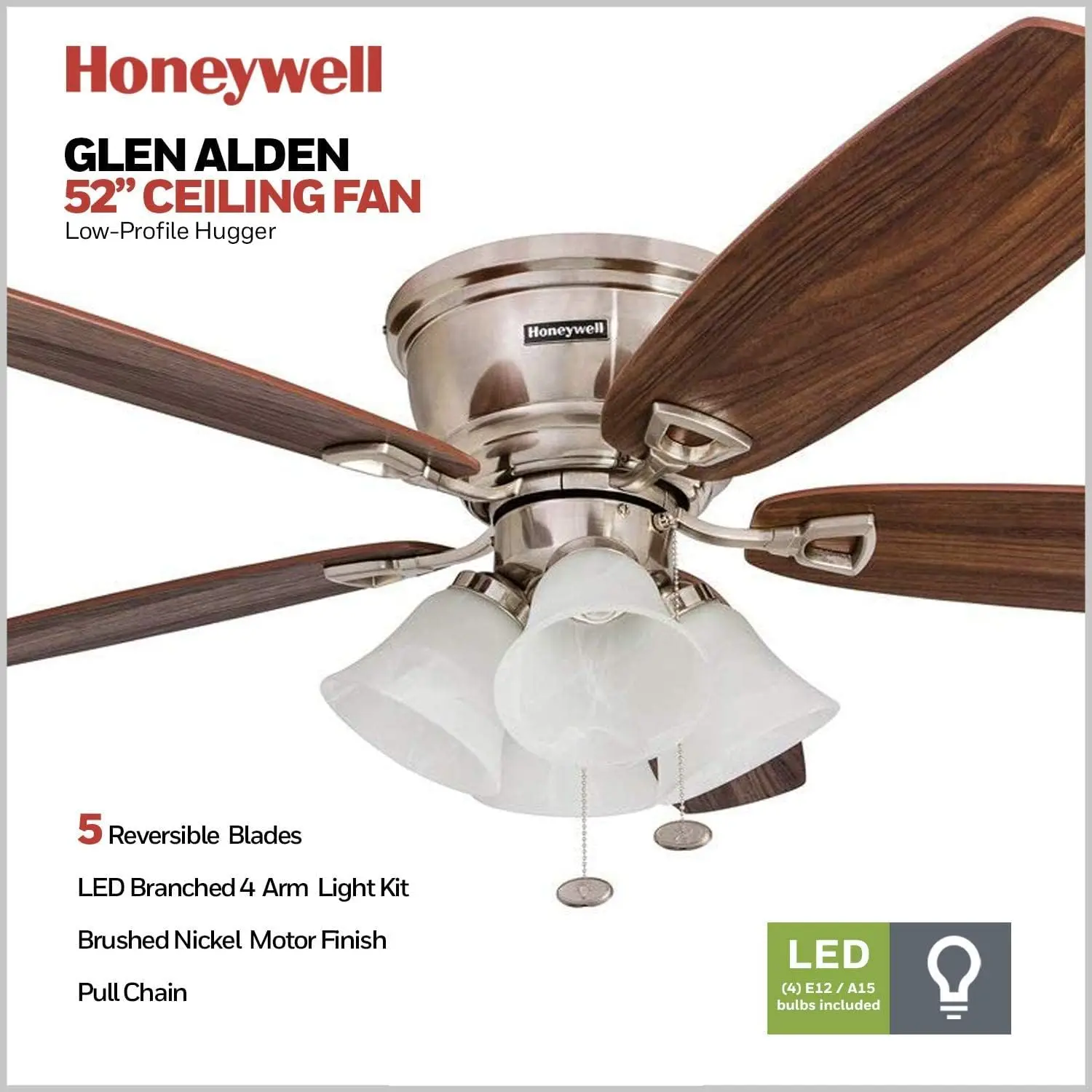 52 Inch Classic Flush Mount Indoor LED Ceiling Fan with Light, Pull Chain, Quick-2-Hang Dual Finish Blades, Reversible Motor