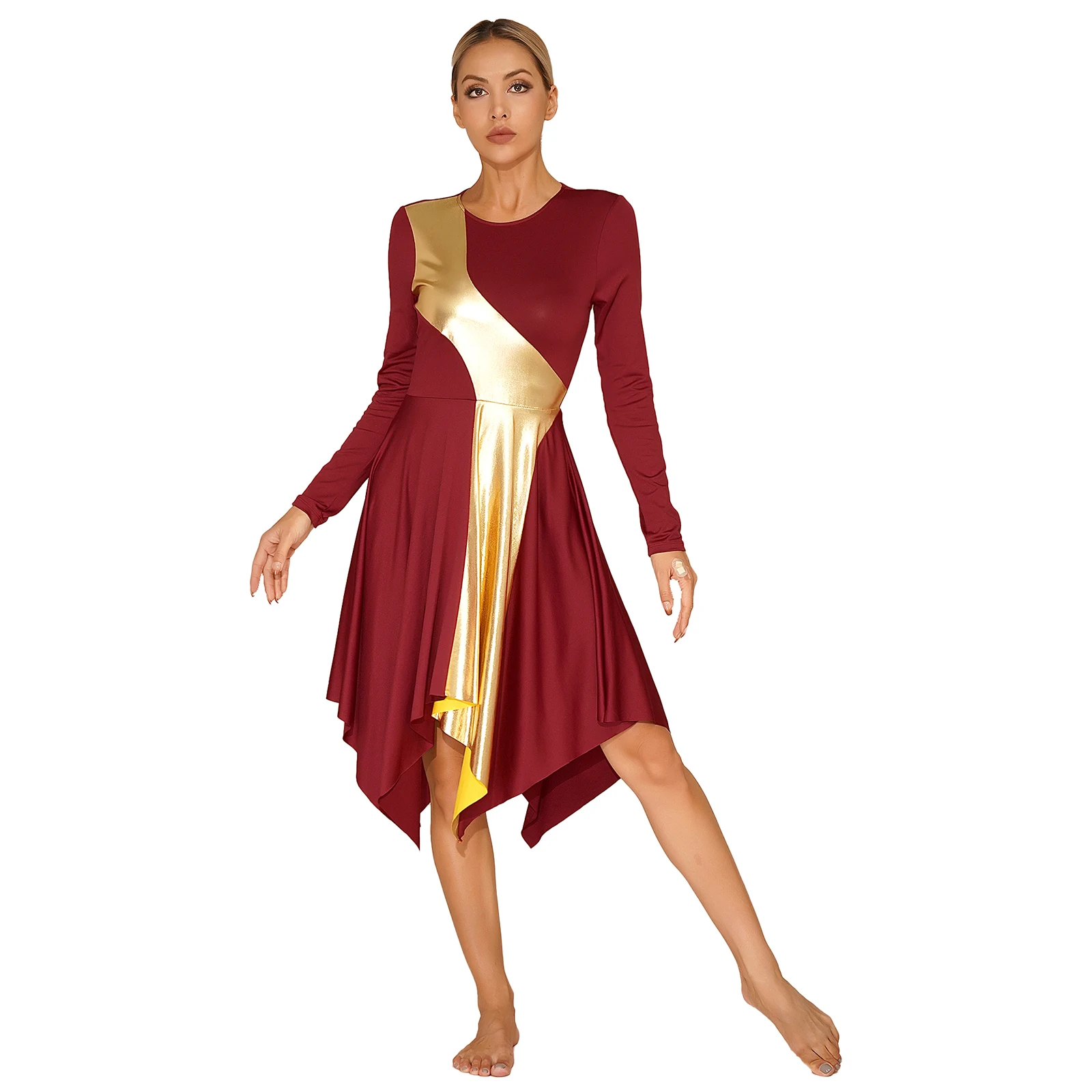 

Womens Church Worship Dance Dress Contrast Color Patchwork Asymmetrical Long Sleeve Dresses Praise Dance Performance Costume