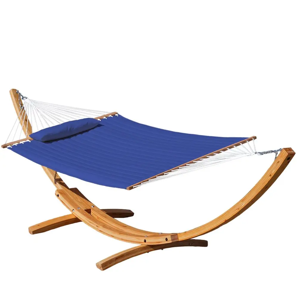 

12 FT Double Quilted Fabric Hammock and 13 FT Natural Wood Arc Stand, with Spreader Bar, Removable Pillow, 2 Person Hammock for
