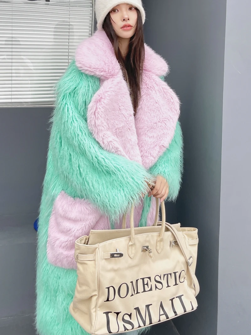 Original Design Light Green Eco-friendly Faux Fur Coat Female Loose Lapel Long Jacket Lady Shaggy Outerwea Women\'s Winter Coats