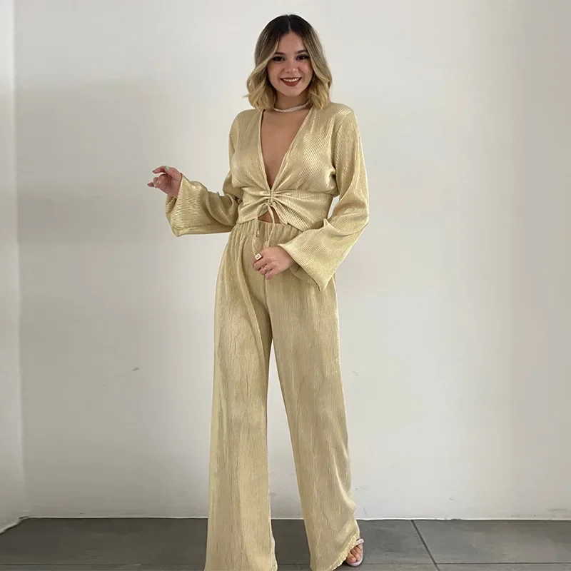 

Leosoxs Two Piece Pant Sets Sexy Outfits Women Knitted Long Puff Sleeve Tops + Wide Leg Pants Suit Female Streetwear Clothing