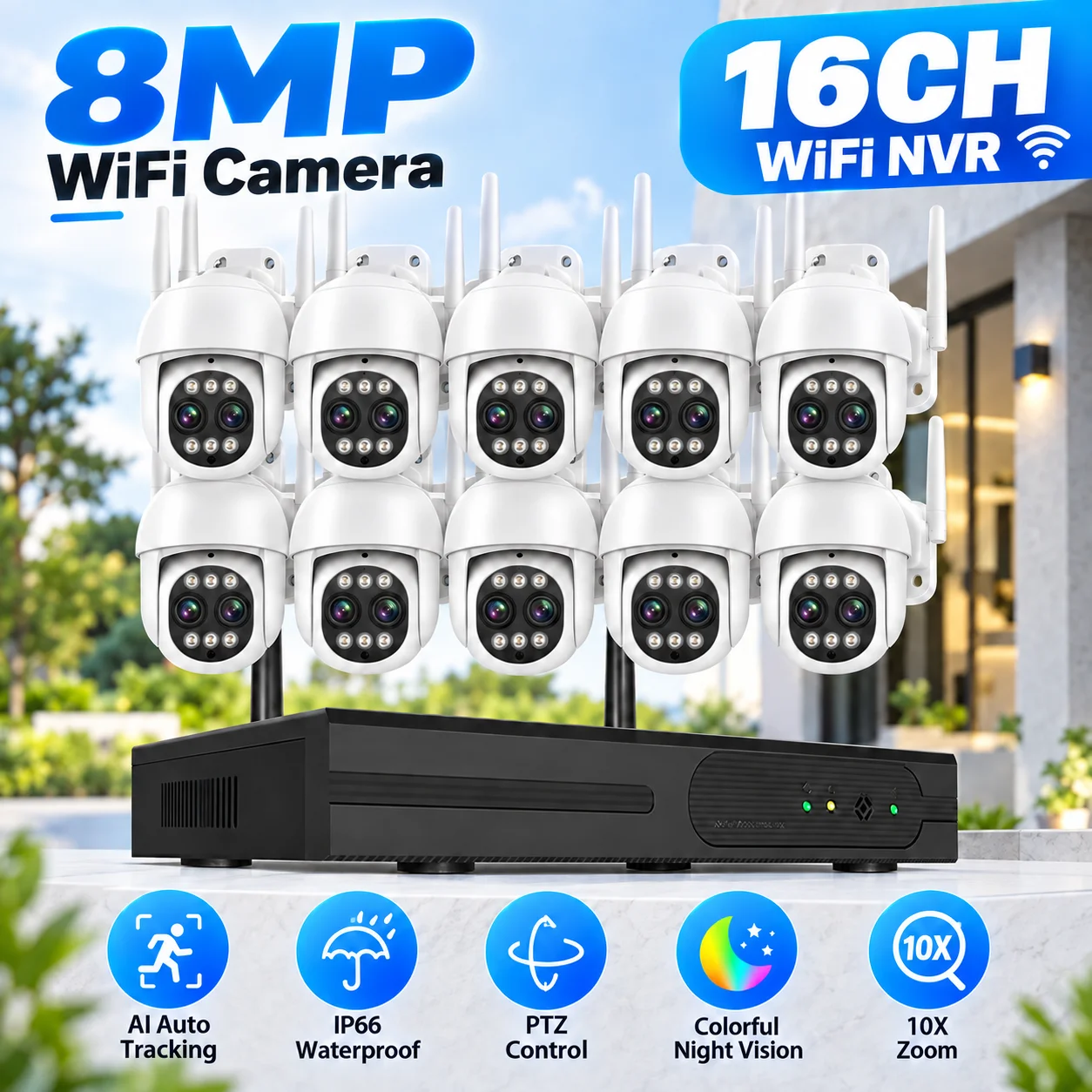8MP Outdoor WiFi CCTV Camera 10X Zoom Security System Kit 16CH NVR Recorder Set P2P Wireless IP Camera Video Surveillance System