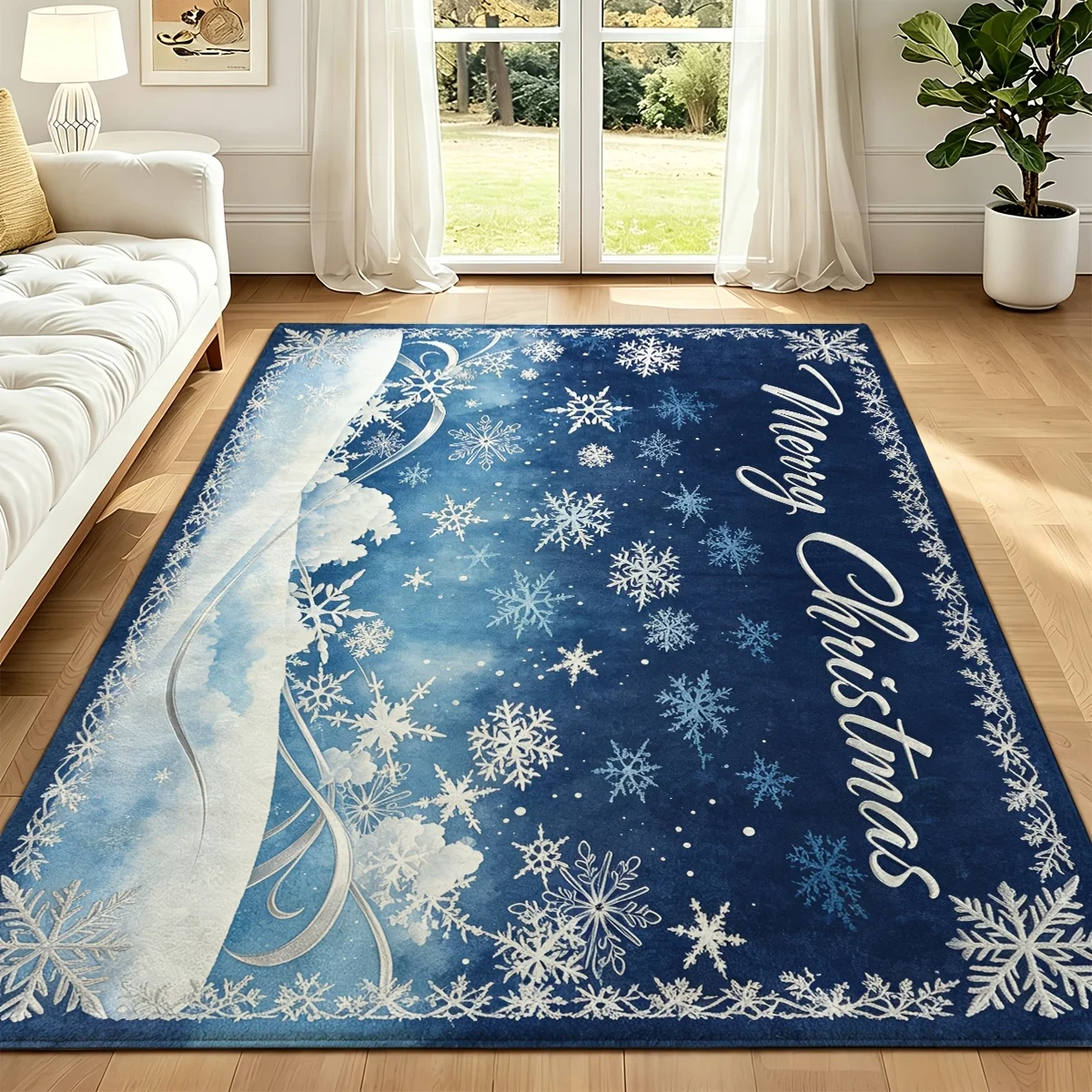 1pc 2D Printed Winter Snowflake Area Rug, Non Slip Dotted Base, Soft & Washable, Easy to Clean, Blue & White, for Living Room