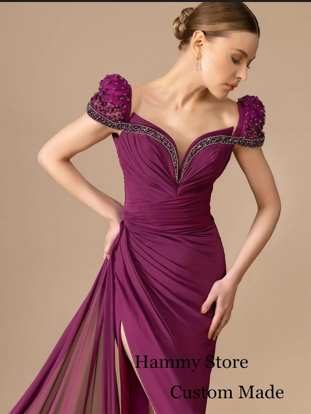 Grape Purple Evening Dress Short Sleeves V Neck Pleat Beading Sequined High Split Chiffon Mermaid Prom Dresses Saudi Party Gown