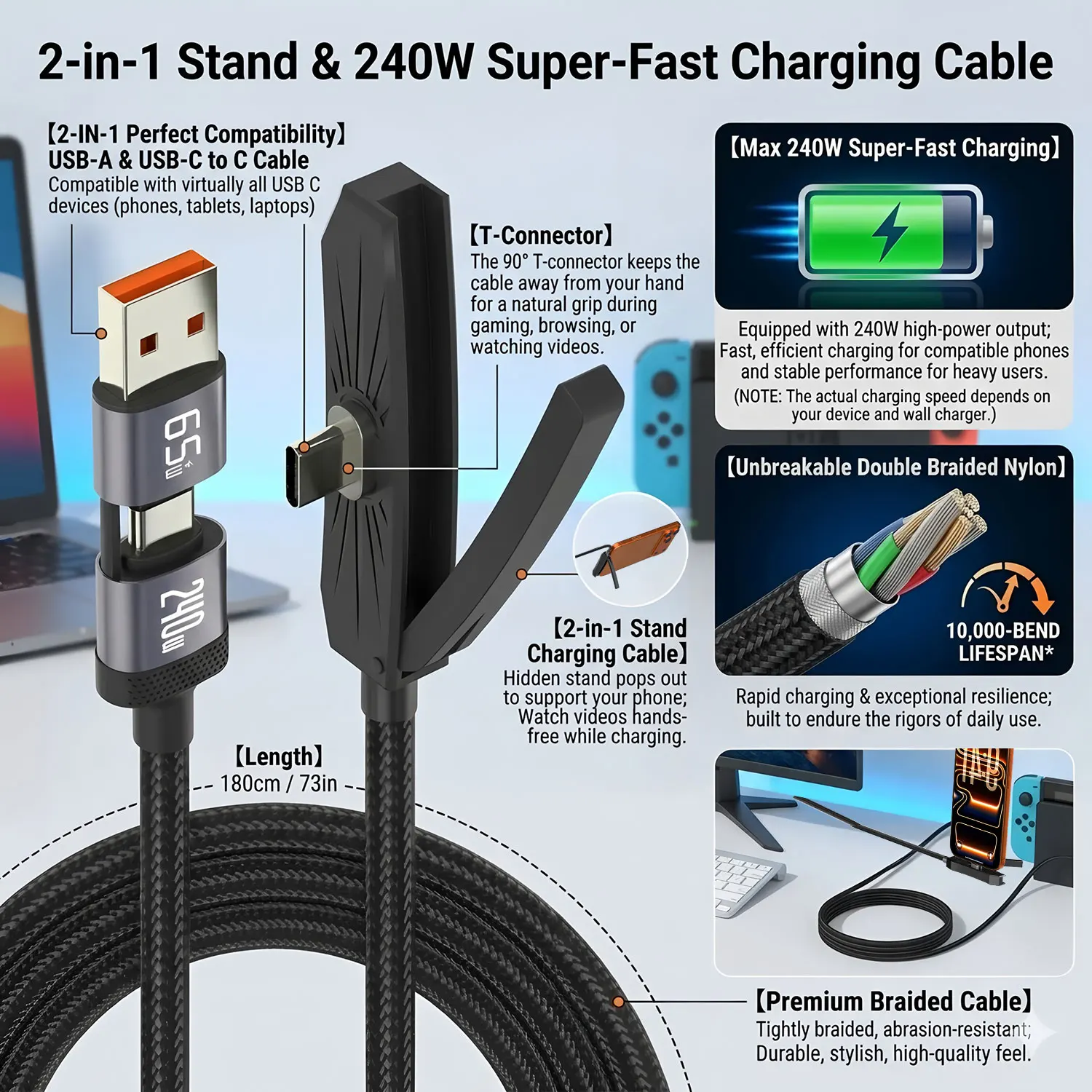 2-IN-1 USB + Type C 240W Fast Charging Cable With Foldable Holder Type-C Quick Charge Line USB Mobile Phone Stand Charge Wire