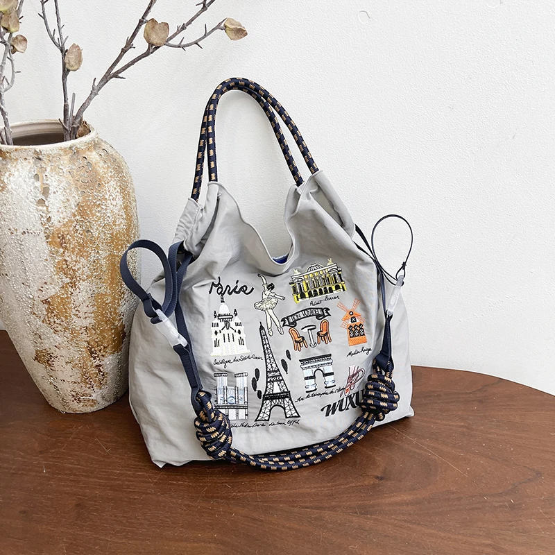 Spacious Nylon Fabric Bag with Paris Print, Lightweight Adjustable Strap Leisurely Tote, Women's Shopper for Daily Use