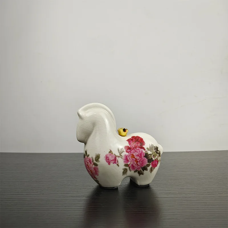 

Ceramic Horse Figurine with Golden Ingot, Lucky Money Horse Statue for Home Office Desk Decoration, Crackle Glaze Craftsmanship