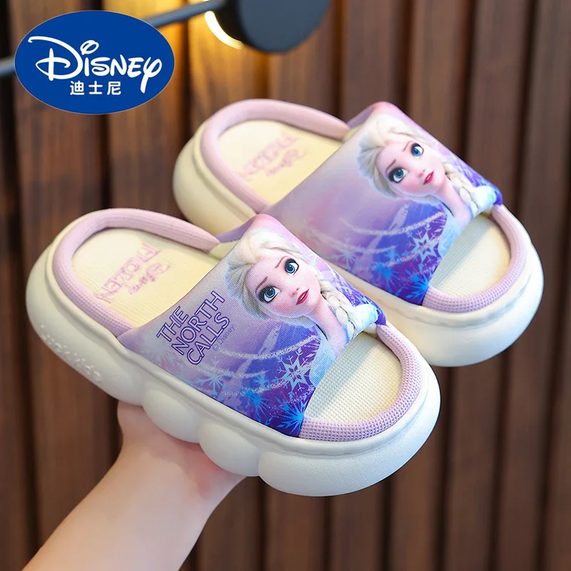 Disney-zapatillas de lino de princesa Elsa para niña, zapatos transpirables antideslizantes de suela gruesa para bebé, Zapatillas de casa de verano