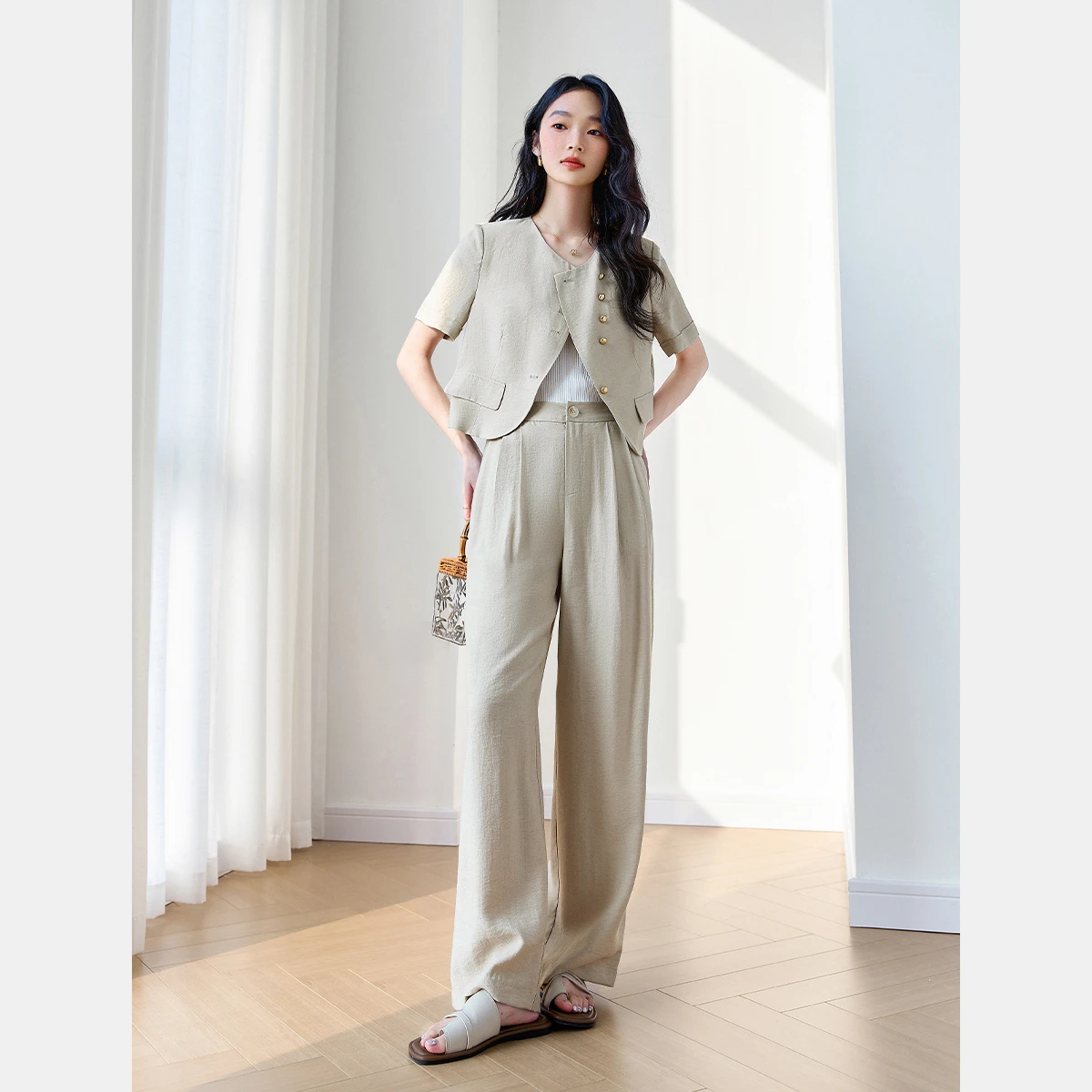 VIMLY Commuter Two‑piece Set Women 2026 Summer Irregular Short Sleeve Jacket Wide‑leg Baggy Pants Fashion Matching Outfit M9782