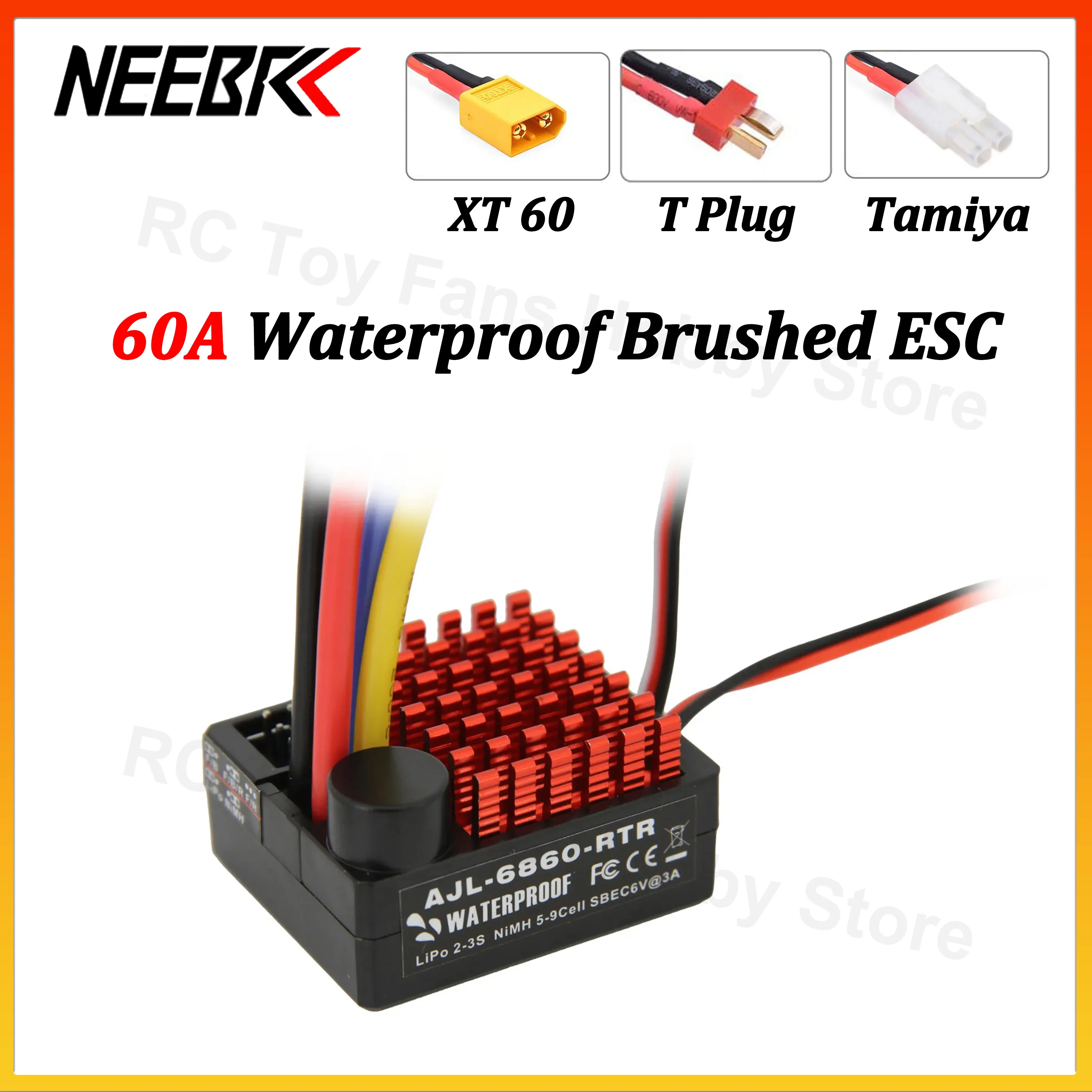 NEEBRC 60A Waterproof Brushed ESC 6V/3A BEC Built-in 3 Modes 2-3S for RC Car 540/550/750 Motor Truck Boat Axial Wltoys SCX10 WPL