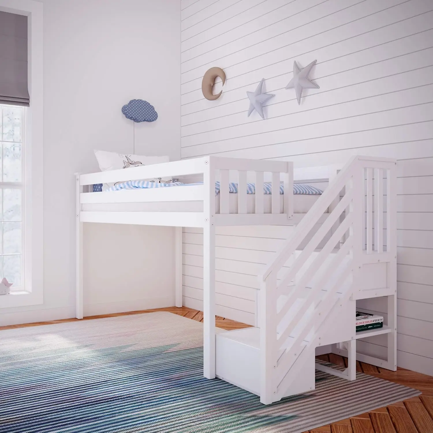 Max & Lily Low Loft Bed Twin Bed Frame for Kids with Stairs White 81.5"L 50"W 42.5"H 400 Pounds Toddler Children's Bed