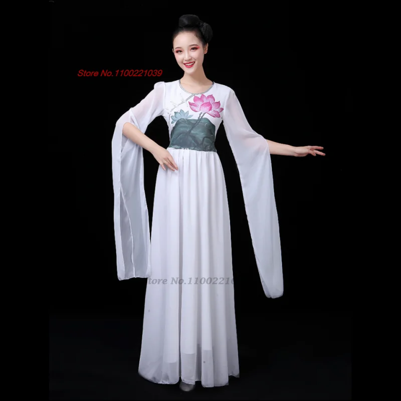 2025 traje de dança vintage chinês nacional flor impressão chiffon hanfu vestido tradicional desempenho palco vestido fada cosplay