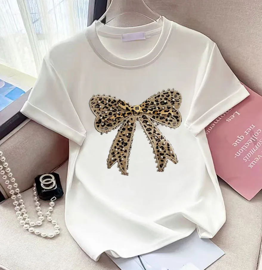 Buckle Pink Bear Beading T-shirt Heavy Handmade Diomand Shiny Bowknot Embroidery T Shirt Summer Tees Top Accessories Clothes