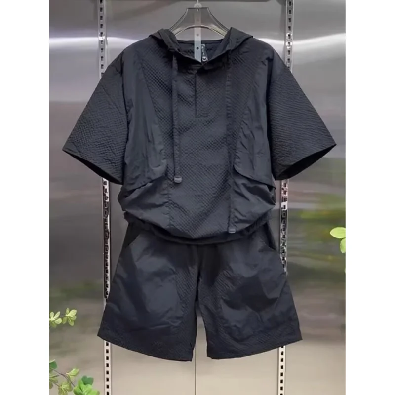 Men Hoodie and Shorts 2Pcs Outfit, Summer Quick-dry Breathable Pants, Textured Design with Pockets, Street Sports Suit
