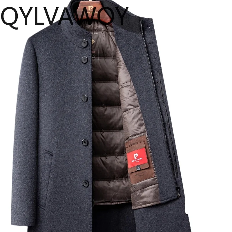 

QYLVAWOY Мужское шерстяное пальто средней длины из 100% шерсти, зимнее пальто для папы, верхняя одежда со съемным пухом из 100% шерсти LJ2285