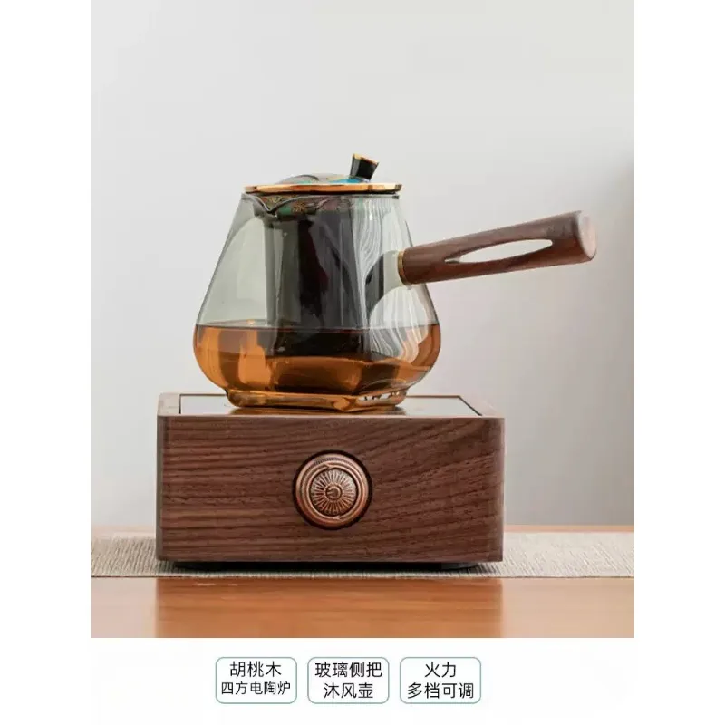 Walnut Frame Electric Ceramic Tea Stove Set Home‑Use High‑Temp Resistant Glass Teapot Health Tea Kettle