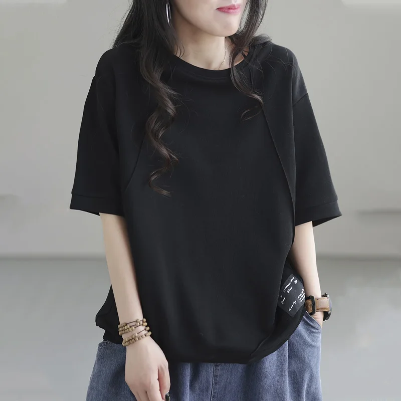 Loose Fit Pure Cotton Short Sleeve T-Shirt Women's Summer Early Autumn Base Layer Shirt Geometric Commute Style Korean Version