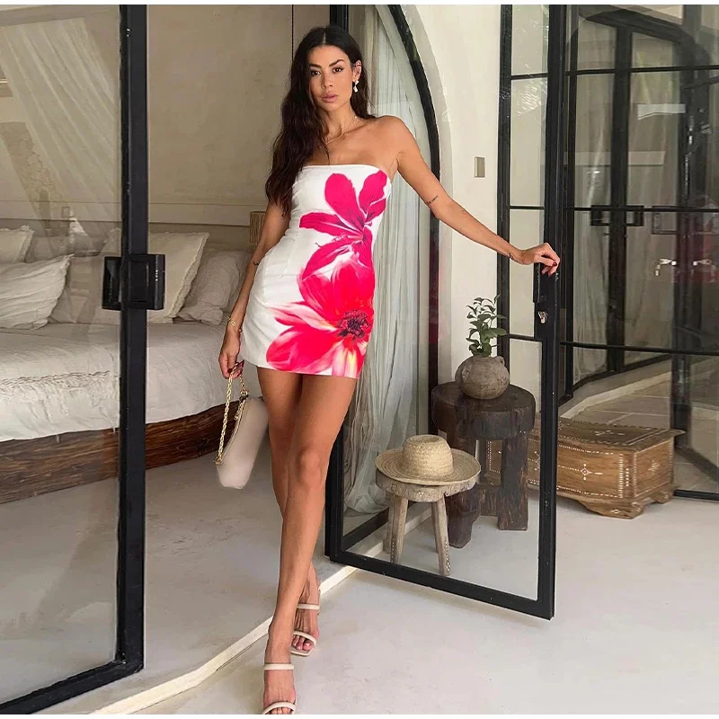 Women Print Bodycon Mini Dresses Elegant Off Shoulder Strapless High Waist Vestido Chic Female Night Club Party Robe Beach Dress