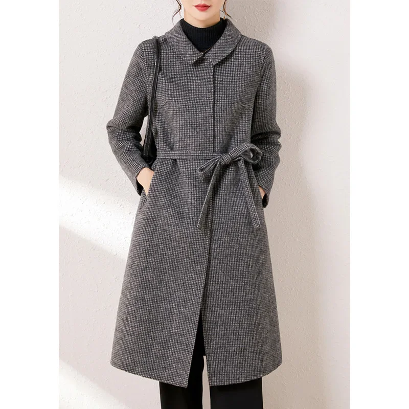 2023 autumn and winter new long black and white thousand bird grid double-sided cashmere coat women's cape trench coat