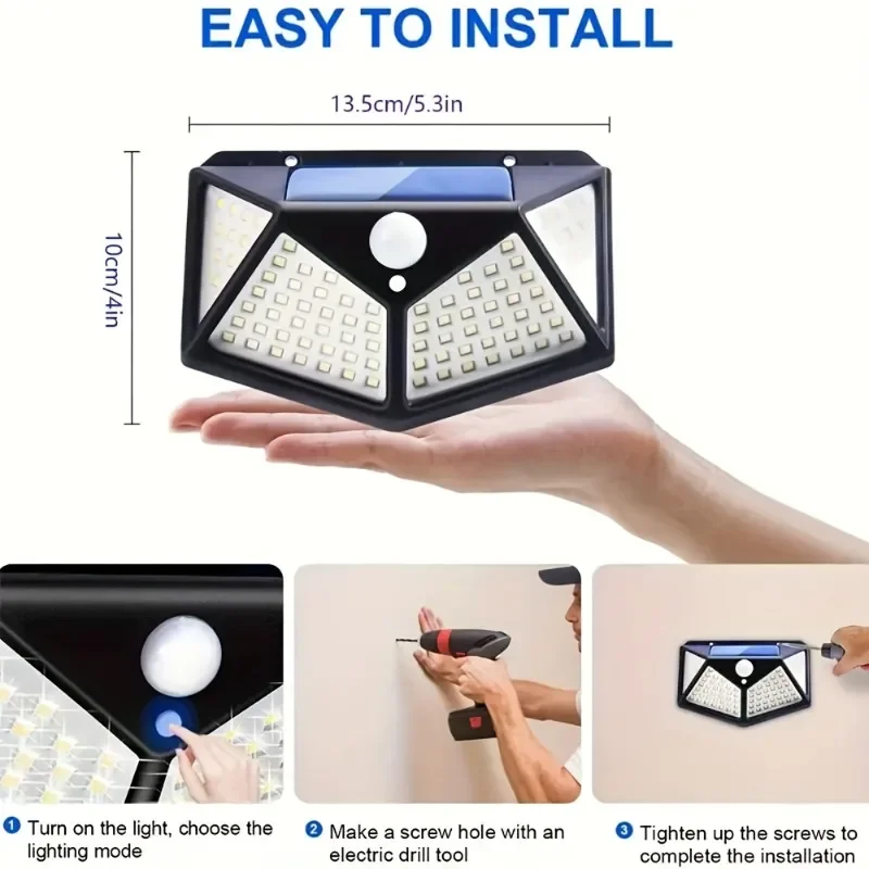 1~8Pcs 100LED Solar Lights with 270° Wide-Angle Motion Sensor 3 Modes Outdoor Waterproof Solar Wall Lights for Gate Yard Garage