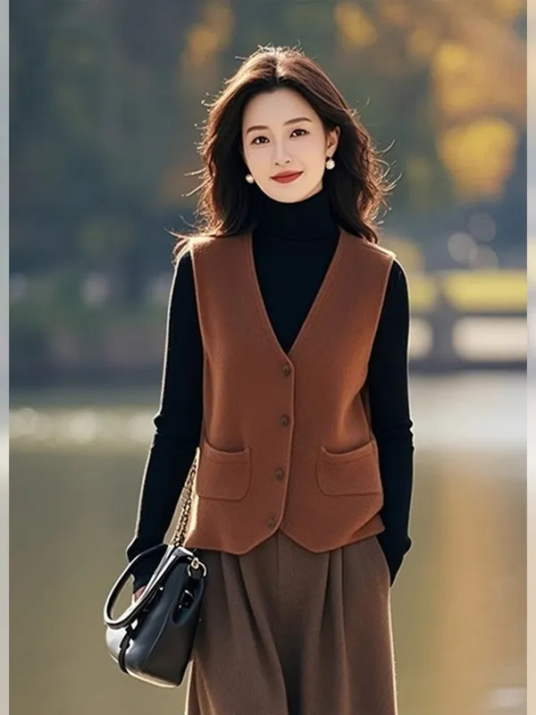 Fashionable Short V-Neck Women's Vest 2025 New Style Layering Popular Small Fragrance Style Top Korean Commute Style Polyeste...