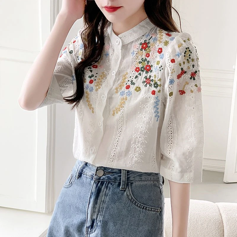 Women\'s Clothing Spring Summer Vintage Floral Embroidery Shirt Fashion Stand Collar Hollow Blouse Casual 3/4 Sleeve Cotton Tops