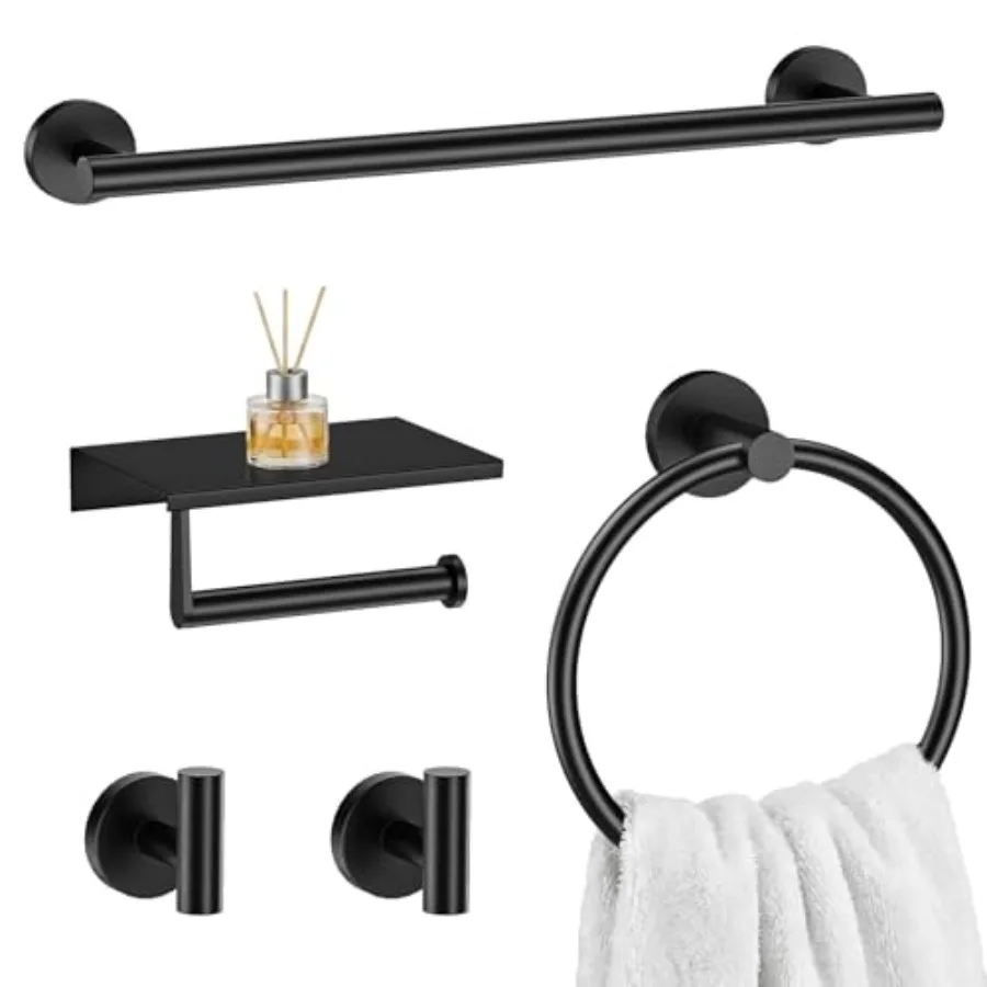 

Black 5-Piece Bathroom Hardware Set, SUS304 Stainless Steel, Round Towel Bar, Towel Ring, Toilet Paper Holder, 2 Robe Hooks, Co